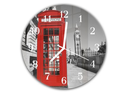 Nástěnné hodiny kulaté pr.30cm Anglická telefonní budka v Londýně a věž (Materiál kalené sklo)