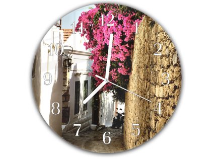 Nástěnné hodiny kulaté pr.30cm středověká ulička zdobená květinami (Materiál kalené sklo)