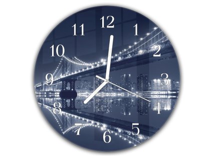 Nástěnné hodiny kulaté pr.30cm noční osvětlený Manhattan most (Materiál kalené sklo)