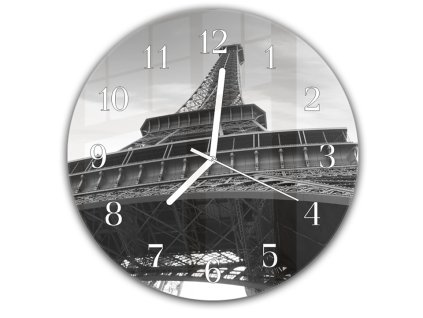 Nástěnné hodiny kulaté pr.30cm detail konstrukce Eiffelove věže černobílý (Materiál kalené sklo)