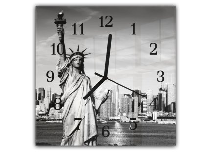 Nástěnné hodiny 30x30cm New York a socha Svobody (Materiál kalené sklo)