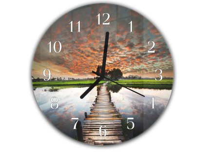 Nástěnné hodiny kulaté pr.30cm řeka v západu slunce a dřevěný most (Materiál kalené sklo)