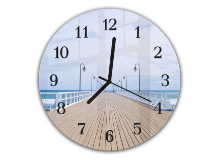Nástěnné hodiny kulaté pr.30cm dřevěné molo k moři (Materiál kalené sklo)