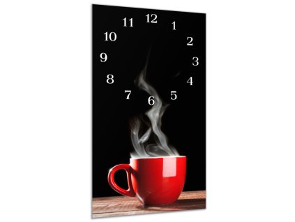 Nástěnné hodiny 30x60cm červený hrnek černé pozadí (Materiál kalené sklo)