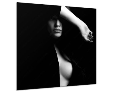 Obraz skleněný krásná žena v černém (Rozměry-čtverec 90 x 90 cm)