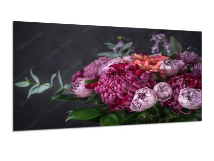 Obraz skleněný květinové aranžmá chryzantém, růží a eukalyptu (Rozměry-obdélník 90 x 120 cm)