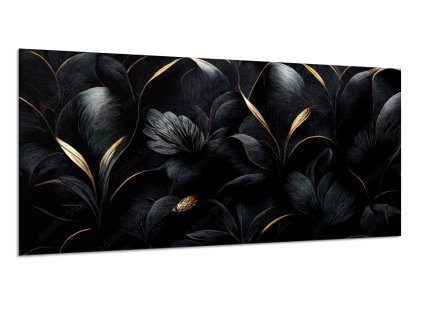 Obraz skleněný luxusní černé květy, zlaté detaily (Rozměry-obdélník 90 x 120 cm)