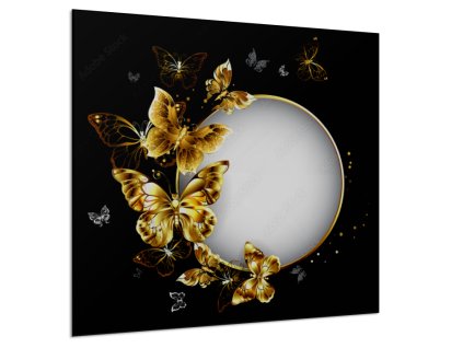 Obraz skleněný kulatý znak se zlatými motýly (Rozměry-čtverec 90 x 90 cm)