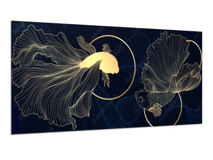 Obraz skleněný zlatá perokresba ryby na tm. modrém pozadí (Rozměry-obdélník 90 x 120 cm)