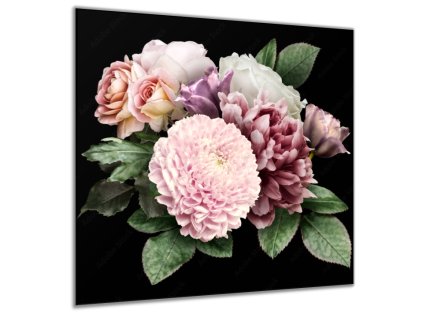 Obraz skleněný zahradní kytice růže, pivoňka, chryzantéma (Rozměry-čtverec 90 x 90 cm)