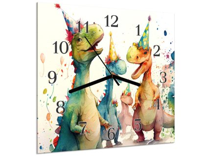 Nástěnné hodiny 30x30cm malovaní dinosauři (Materiál kalené sklo)