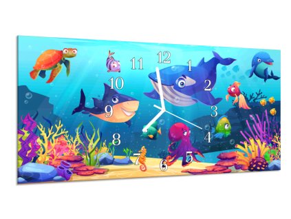 Nástěnné hodiny 30x60cm malovaný mořský svět (Materiál kalené sklo)