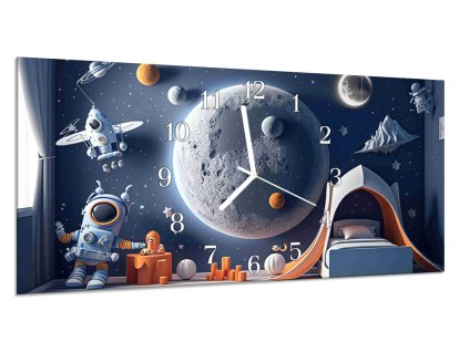 Nástěnné hodiny 30x60cm malované téma dětský vesmír (Materiál kalené sklo)