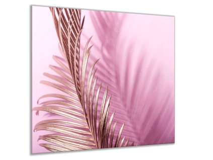 Sklo do kuchyně růžový podklad a zlatý palmový list (Rozměry skla do kuchyně 60 x 150 cm)
