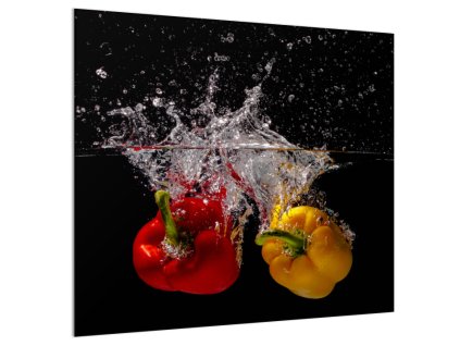 Sklo do kuchyně papriky ve vodě na černém pozadí (Rozměr 60 x 150 cm)
