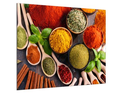 Sklo do kuchyně koření na dřevěném stole (Rozměr 60 x 150 cm)