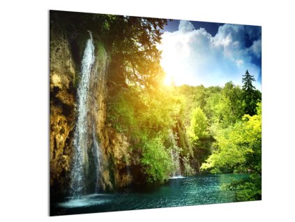 Sklo do kuchyně vodopád v lese a východ slunce (Rozměr 60 x 150 cm)