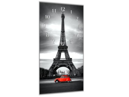 Nástěnné hodiny 30x60cm červené auto, Eiffel věž (Materiál kalené sklo)