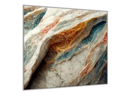 Sklo do kuchyně modrý, bílý a oranžový mramor (Rozměry skla do kuchyně 60 x 150 cm)