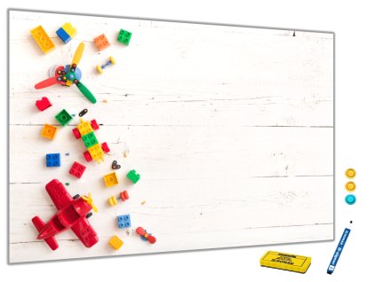 Metalová magnetická tabule skládací kostky na bílém dřevě (Rozměr 90 x 60 cm)