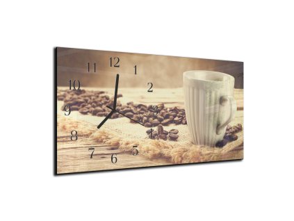 Nástěnné hodiny 30x60cm bílý hrníček, zrna kávy (Materiál kalené sklo)