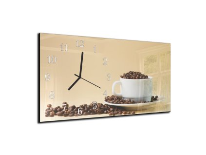 Nástěnné hodiny 30x60cm zrna kávy v bílém šálku (Materiál kalené sklo)