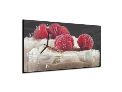 Nástěnné hodiny dezert a maliny 30x60cm (Materiál kalené sklo)