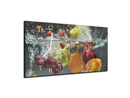 Nástěnné hodiny ovoce pod hladinou tmavé pozadí 30x60cm (Materiál kalené sklo)