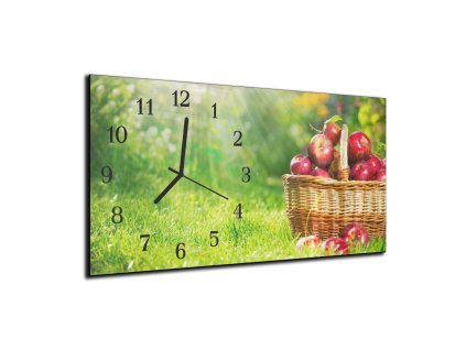 Nástěnné hodiny košík s jablky v trávě 30x60cm (Materiál kalené sklo)