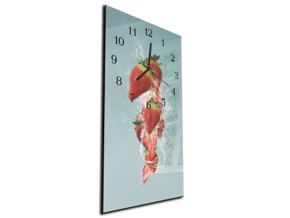 Nástěnné hodiny jahody ve vodě modré pozadí 30x60cm (Materiál kalené sklo)