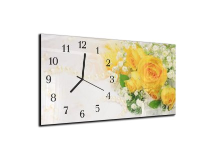 Nástěnné hodiny žluté růže, bílý květ 30x60cm (Materiál kalené sklo)