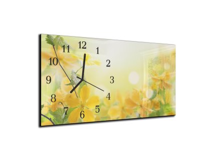 Nástěnné hodiny žlutý květ, zelené lístky30x60cm (Materiál kalené sklo)