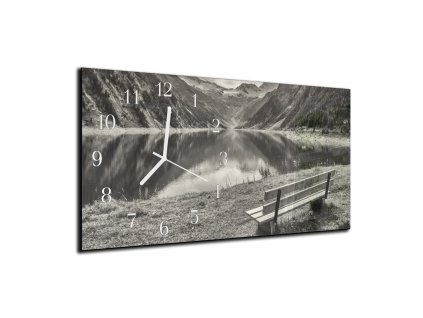 Nástěnné hodiny 30x60cm foto jezero, hory (Materiál kalené sklo)