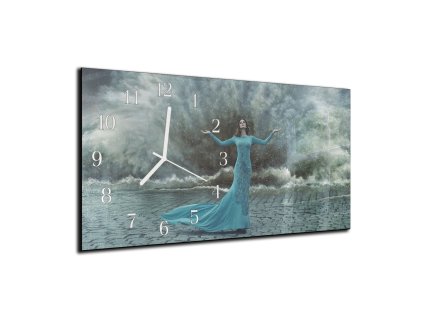 Nástěnné hodiny 30x60cm žena v dešti (Materiál kalené sklo)