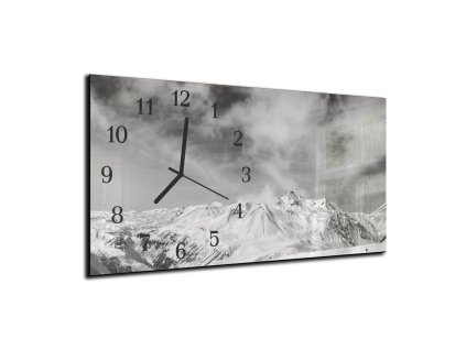 Nástěnné hodiny 30x60cm pohled na zasněžené hory (Materiál kalené sklo)