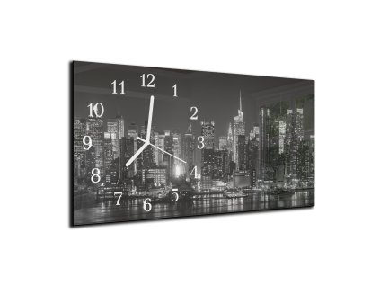 Nástěnné hodiny 30x60cm noční město černobílé (Materiál kalené sklo)