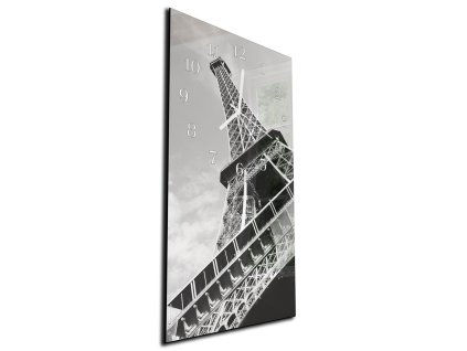 Nástěnné hodiny 30x60cm černobílá Eiffel věž (Materiál kalené sklo)