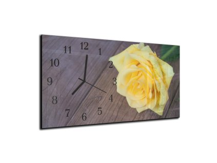 Nástěnné hodiny žlutá růže na tmavém dřevě 30x60cm (Materiál kalené sklo)