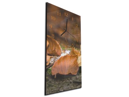 Nástěnné hodiny 30x60cm detail hnědý list (Materiál kalené sklo)