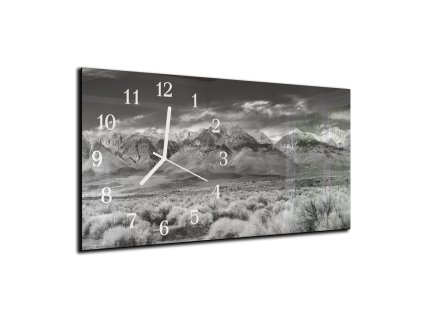 Nástěnné hodiny 30x60cm pohled na hory černobílé (Materiál kalené sklo)