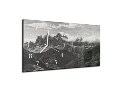 Nástěnné hodiny 30x60cm černobílé hory (Materiál kalené sklo)