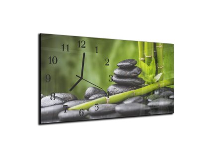 Nástěnné hodiny  30x60cm - černé kameny a zelený bambus (Materiál kalené sklo)