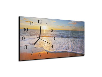 Nástěnné hodiny 30x60cm západ slunce u moře s vlnami (Materiál kalené sklo)