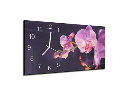 Nástěnné hodiny růžová orchidej tmavé pozadí 30x60cm (Materiál kalené sklo)