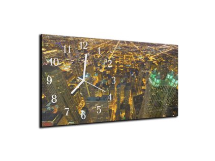 Nástěnné hodiny 30x60cm noční Chicago mrakodrapy (Materiál kalené sklo)