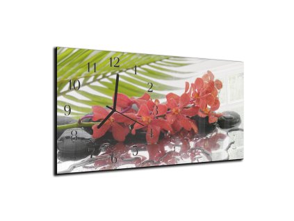 Nástěnné hodiny orchidej, palmový list, kámen 30x60cm (Materiál kalené sklo)