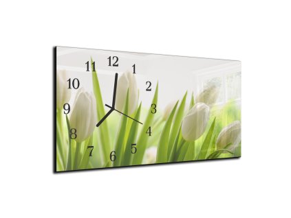 Nástěnné hodiny bílé tulipány 30x60cm (Materiál kalené sklo)