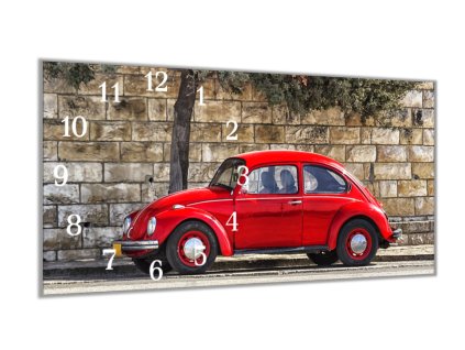 Nástěnné hodiny 30x60cm auto červený brouk (Materiál kalené sklo)