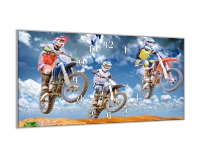 Nástěnné hodiny motorky cross 30x60cm (Materiál kalené sklo)