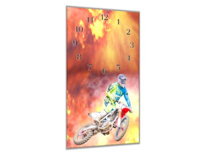 Nástěnné hodiny 30x60cm motocross jezdec v plamenech (Materiál kalené sklo)